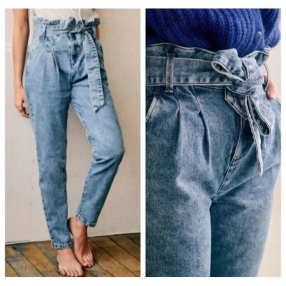 Sezane Alvin Jeans Slouchy High Rise Jeans 100%Cotton in Light Vintage Washed